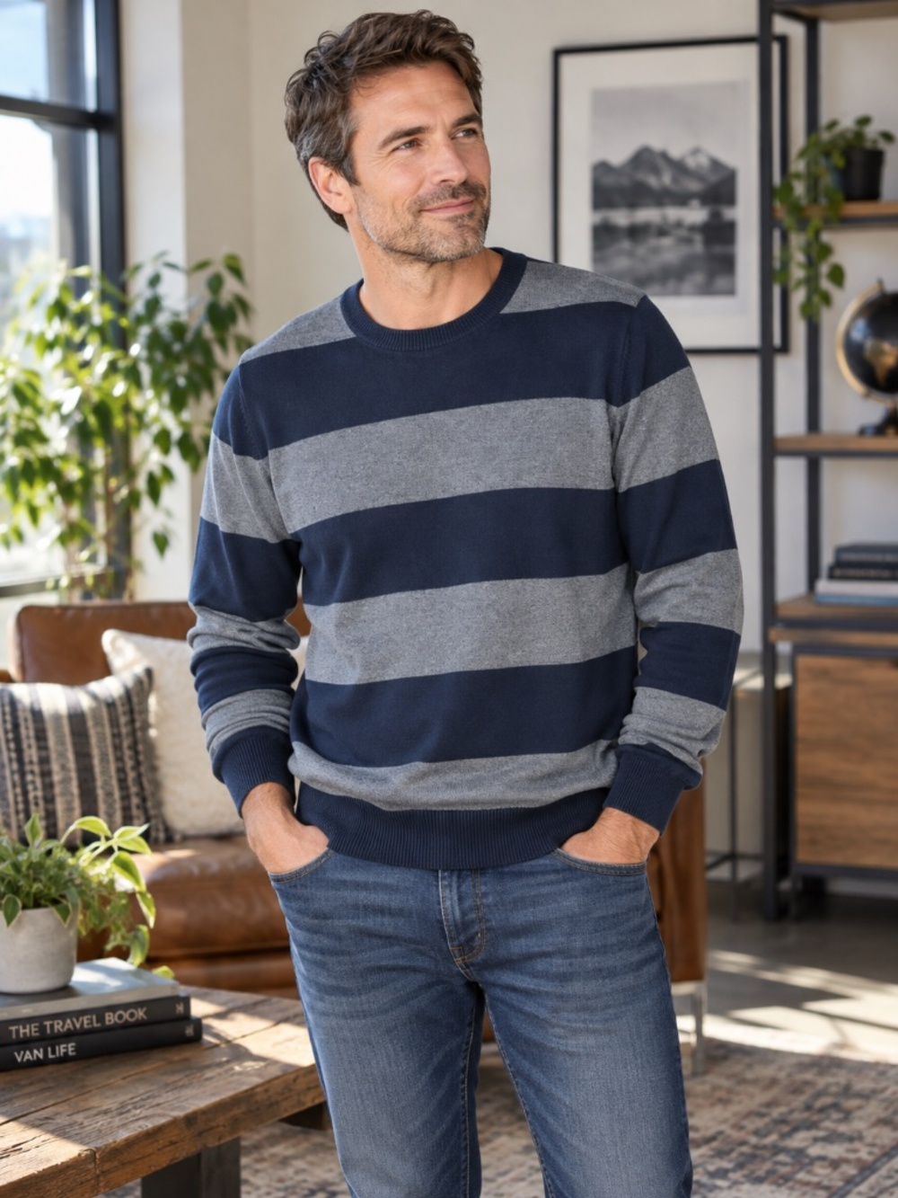 J.Crew Vintage Fleece Rugby Stripe Crewneck Sweatshirt Navy Gray Men’s L